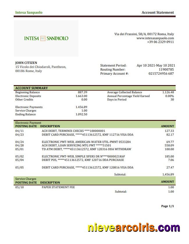 Italy Intesa Sanpaolo bank statement